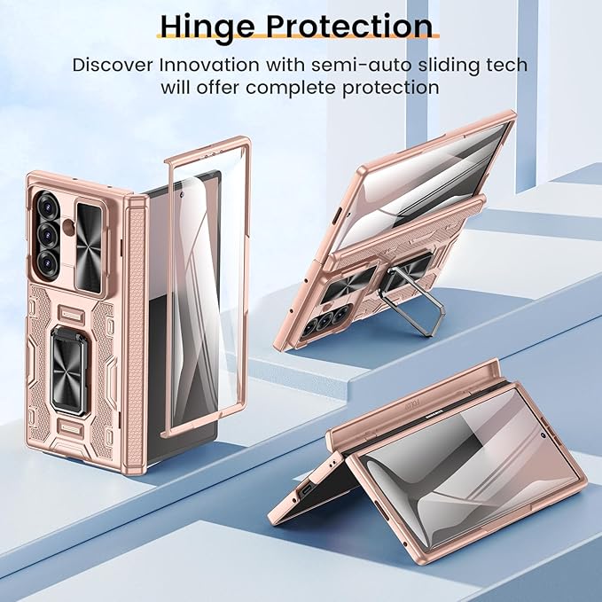 VEGO for Samsung Galaxy Z Fold 7 Case with Stand[Built in Screen Protector & Slide Lens Cover]Hinge Protection Hard Shell Rugged Kickstand Full Body Protective Phone Case for Z Fold 7 2025 - Rose Gold