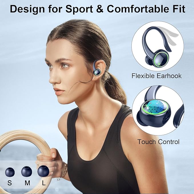 Wireless Earbuds, Bluetooth 5.4 Headphones Sports, 50H Playback Over-Ear Buds with ENC Noise Cancelling Mic, Deep Bass Fitness Earphones with Earhooks, IP7 Waterproof Headset for Running, Blue