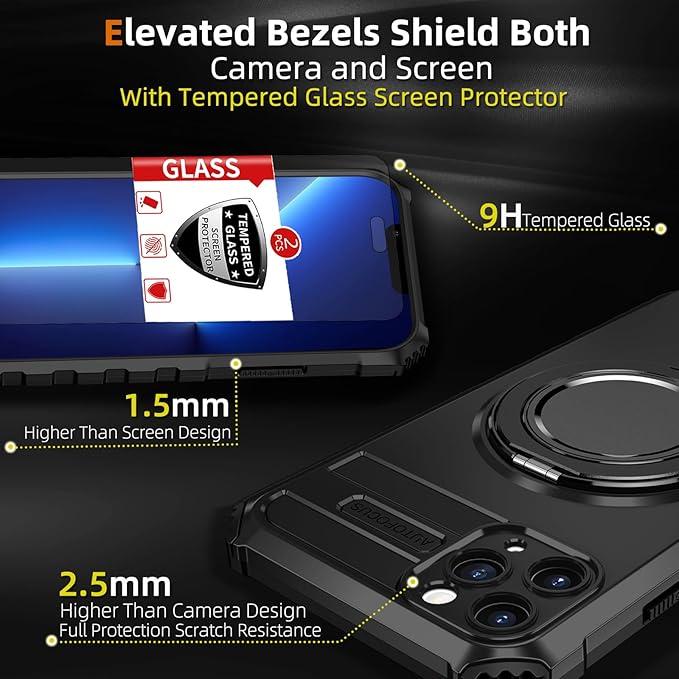 for iPhone 13 Pro Case Compatible with MagSafe Magnetic Wireless Charging,with 2 Screen Protectors,Built-in Stand Ring,Military Grade Drop Shockproof Heavy Duty Protection Phone Bumper Black