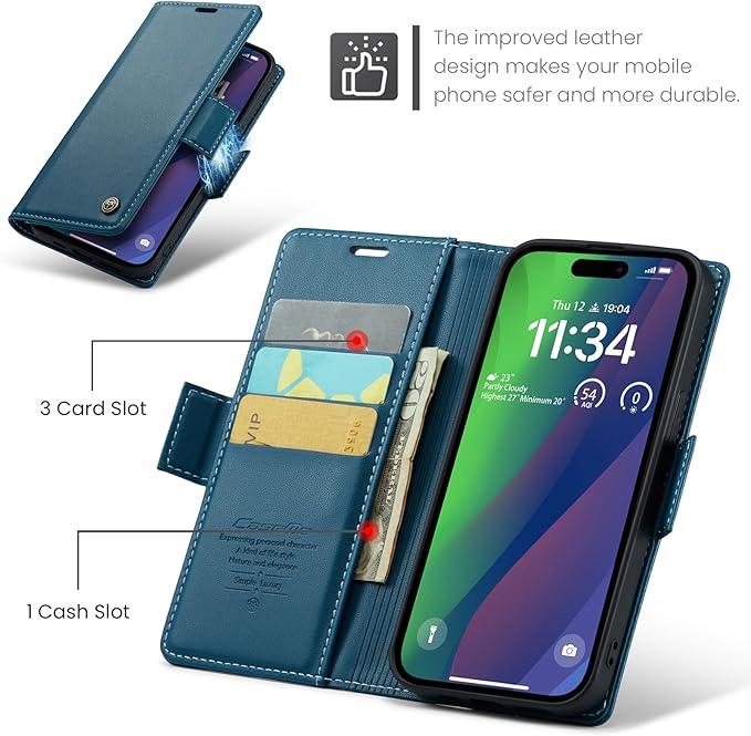 for iPhone 15 Plus Case, Premium PU Leather Wallet Case Flip Cover with [RFID Blocking][Card Holder][Stand Function] Shockproof Protective for iPhone 15 Plus, Blue