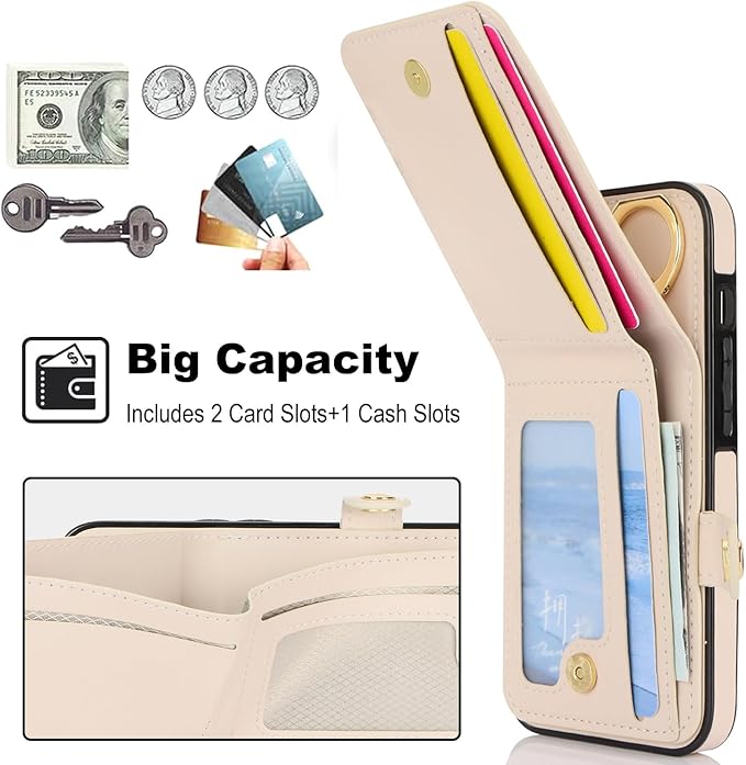 Compatible iPhone 16 Pro Max Wallet Case with Card Holder RFID Blocking PU Leather Doubles as a Wallet Unisex Flip Shockproof Protection with Card Slots Ring Wrist Kickstand Function,White