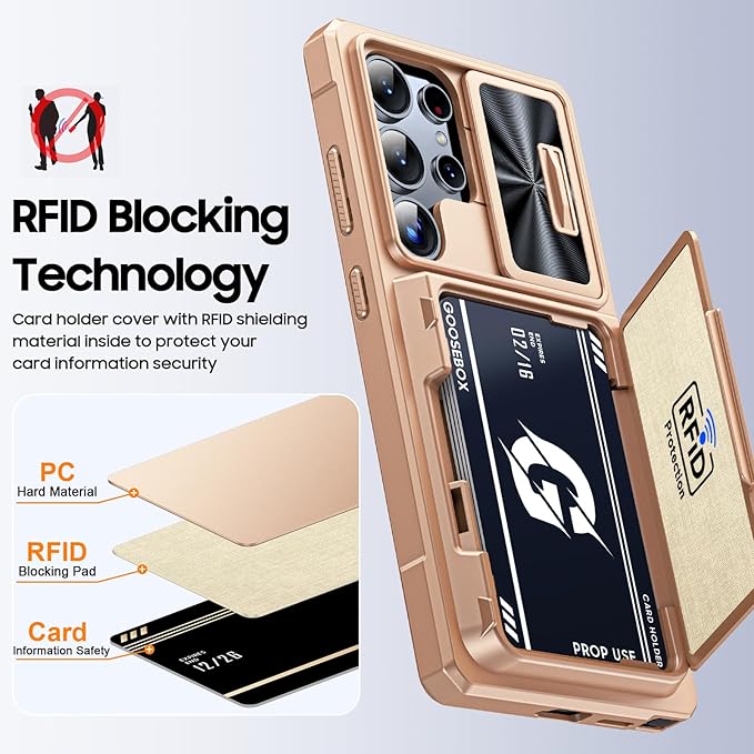 for Samsung Galaxy S25 Ultra Case Wallet with RFID [Cards Holder][Camera Cover][Edge Raised] Full Body Shockproof Silicone Protective Phone Case for Galaxy S25 Ultra 6.9" 2025 (Champagne Gold)