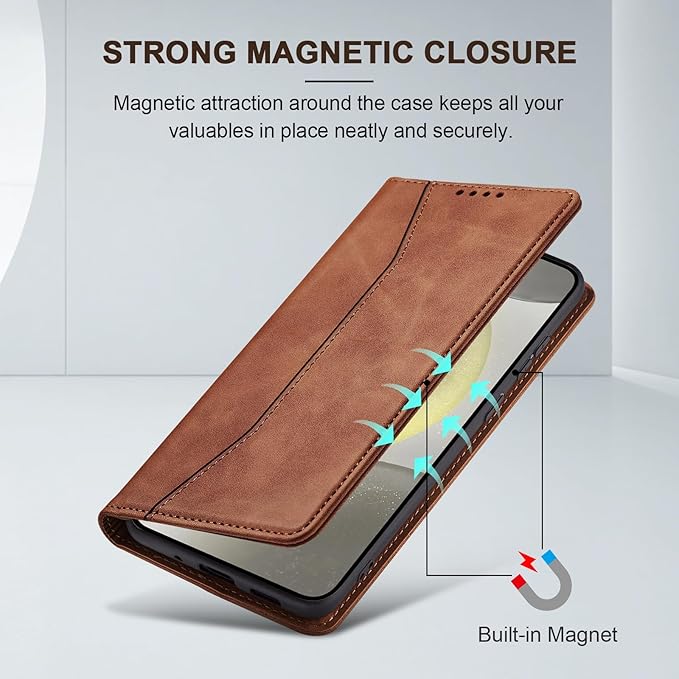 Jasonyu Flip Wallet Case for Samsung S24 Plus/S24+ 5G,Leather Magnetic Folio Cover with Card Holder,Kickstand - TPU Shockproof Durable Protective Phone Case,Brown