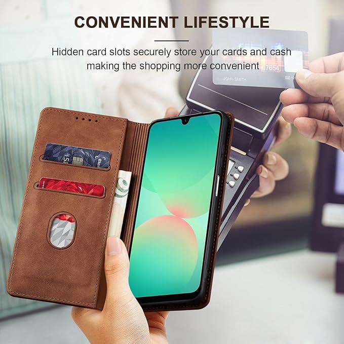 Jasonyu Flip Wallet Case for Samsung Galaxy A26 5G,Leather Magnetic Folio Cover with Card Holder,Kickstand - TPU Shockproof Durable Protective Phone Case,Brown