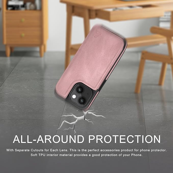 DJDUCK Designed for iPhone 14 Case Wallet with Card Holder, [Magnetic Clasp Cover] [RFID Blocking Leather Protection] Shockproof Women Men Cases 6.1 Inch for Apple 14 Pink