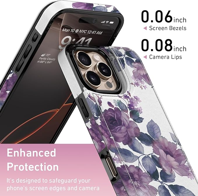 FUNMIKO for iPhone 16 Pro Wallet Case with Card Holder, RFID-Blocking, Military-Grade Protection & UV-Printed Artwork, Magnetic Closure with Leather Kickstand - Elegant Purple Floral
