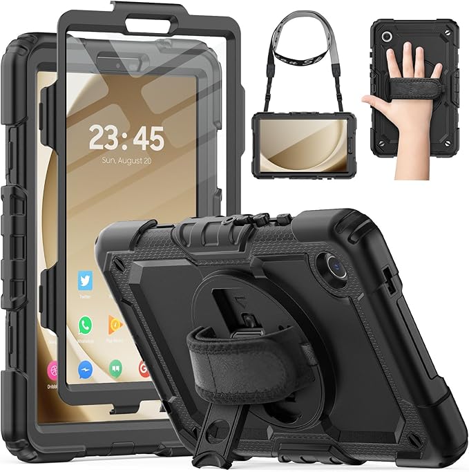 HXCASEAC Case for Samsung Galaxy Tab A9 8.7 Inch, Protective with Screen Protector/Hand Strap/Pen Holder, Sturdy Shockproof for Samsung A9 Tablet Case SM-X110 SM-X115 SM-X117 - Black