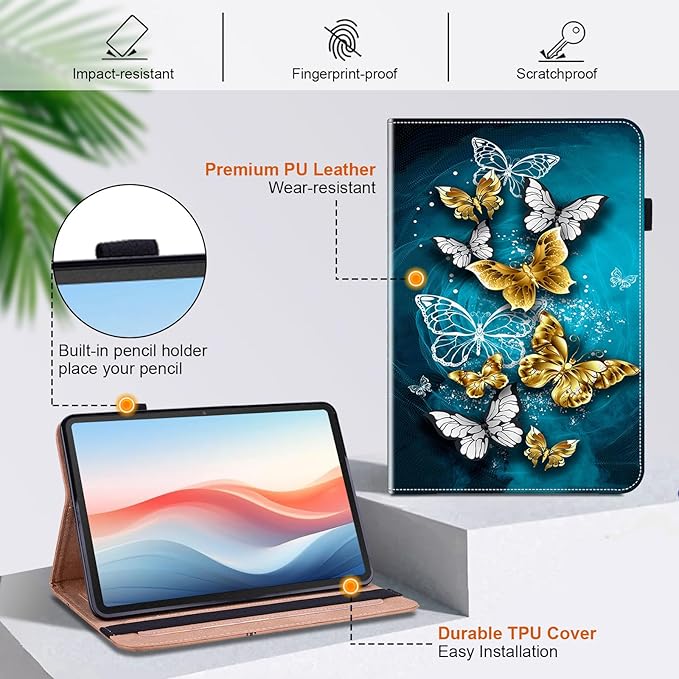 Case for Lenovo Tab M11 (TB330FU/TB330XU) 11 inch 2024, Folio Cover with Multi-Angle Stand and Pen Holder, Green Butterfly