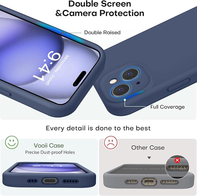 Vooii Compatible with iPhone 15 Case, Upgrade Defender Liquid Silicone, [Enhanced Camera Protection] [Soft Anti-Scratch Microfiber Lining] Shockproof Phone Case for iPhone 15 6.1 inch - Navy Blue