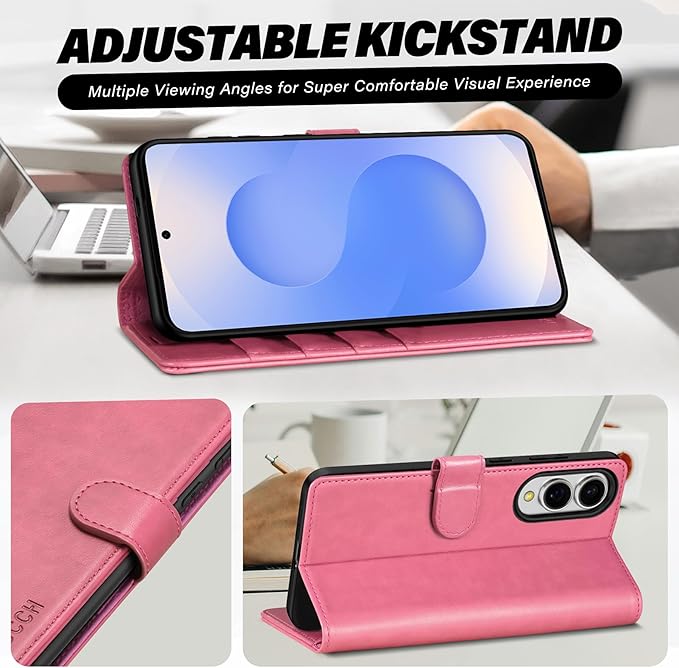 TUCCH Case Wallet for Galaxy S25 Edge, PU Leather Magnetic Kickstand [RFID Blocking] [4 Card Slots] Folio Flip Cover with [TPU Shockproof Interior Case] Compatible with Galaxy S25 Edge 6.7", Hot Pink