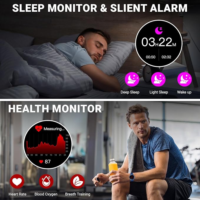 Smart Watch for Men Bluetooth Answer/Make Call, 1.43" AMOLED Display Luxury Smartwatch, Fitness Tracker with 100+ Sport Modes, Heart Rate/Sleep Monitor for iOS Android, 2 Watch Bands (Blue)