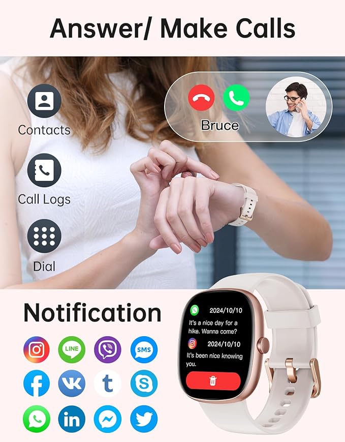 HUAKUA Smart Watches for Women Men (Answer/Make Calls), 1,85" HD Smart Watch for iPhone/Android Phones, Fitness Tracker with 100+ Sport Heart Rate/Sleep Monitor Pedometer IP68 Waterproof (Cream)