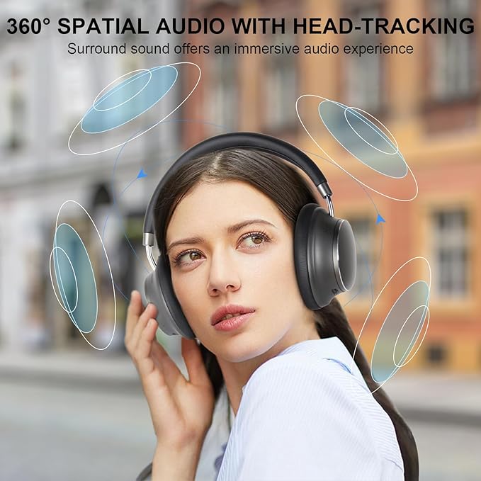T-fun NC35 Hybrid Active Noise Cancelling Headphones, 360° Spatial Audio with Head Tracking, Over Ear Headphones Wireless Bluetooth 5.3, 55H ANC Playtime, Deep Bass, Custom EQ via App, for Travel Home
