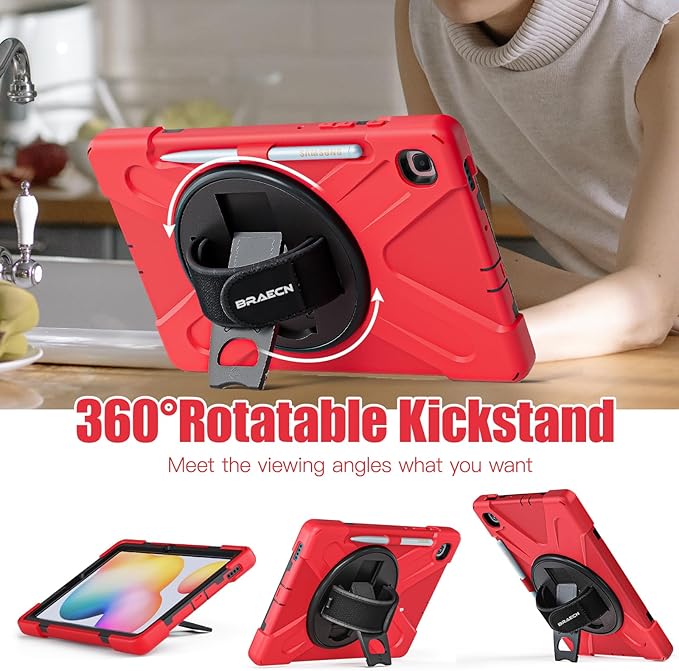 BRAECNstock for Samsung Galaxy Tab S6 Lite Case 10.4 Inch 2024/2022/2020 (SM-P620/P610/P619) Shockproof Protective Silicone Tab S6 Lite Kids Case Cover with Pen Holder Rotating Stand Hand Strap - Red
