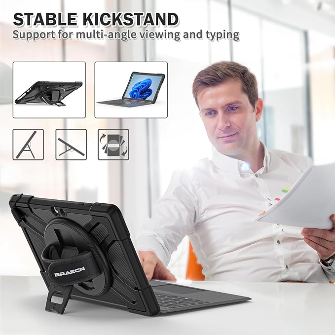BRAECNstock Case for Microsoft Surface Go 4 (2023) Go 3 (2021) Go 2 (2020) Go (2018) Rugged Protective Kids Case with [Rotating Hand Strap+Stand], Compatible with Type Cover Keyboard, Black