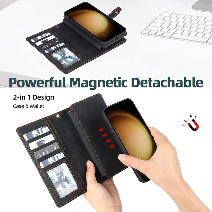 TwoHead for Samsung Galaxy S23 Plus Wallet Case with Card Holder & Detachable Magnetic Phone Case for Galaxy S23 + 6.6 in PU Leather Phone Case Wallet (Dream Black)