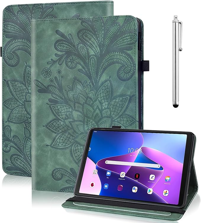 Case for Lenovo Tab M10 Plus 3rd Gen 10.6 Inch 2022 (TB125FU/128FU), Embossed Lace PU Leather Flip Folio Tablet Case with Elastic Band & Card Slots/Holder, Multi-Angle Viewing Stand Cover, Green