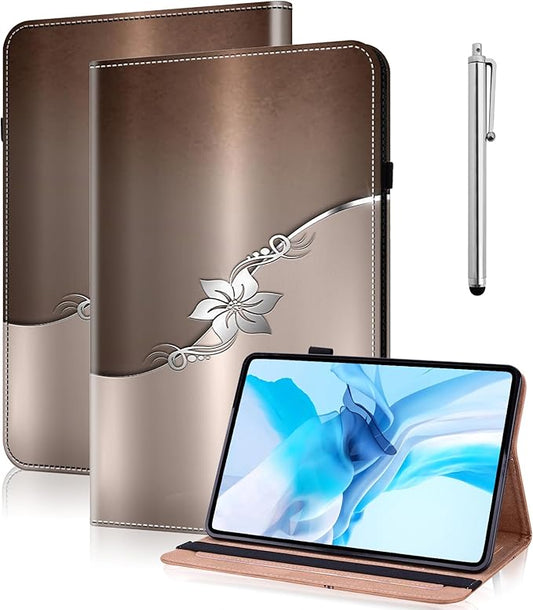 Case for Lenovo Yoga Tab Plus Tablet 12.7 Inch 2025, Multi-Angle Viewing Premium PU Leather Stand Case with Elastic Strap & Card Slots for Lenovo Yoga Tab Plus 12.7" Tablet-Silver Flower