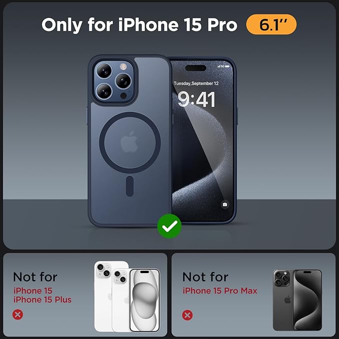 Miracase Magnetic for iPhone 15 Pro Case 6.1 inch (Compatible with MagSafe)（with 2X Screen Protectors）Military-Grade Protection, Anti-Fingerprint Translucent Matte Phone Cover, Dark Blue