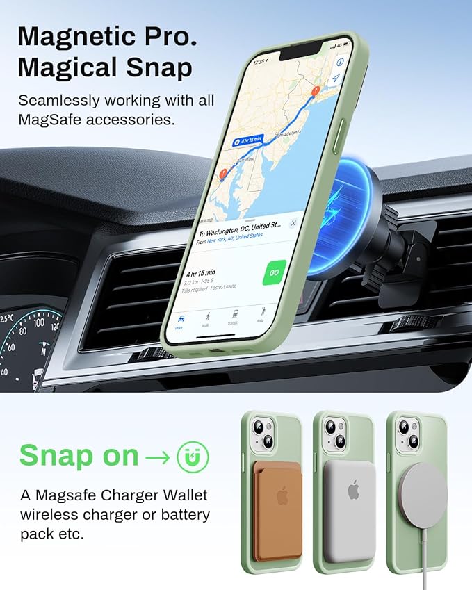 Magnetic for iPhone 13 Case & iPhone 14 Case, Compatible with MagSafe, Military Grade Drop Protection, Slim Shockproof Anti-Fingerprint Translucent Matte Phone Protective Cover, Light Green