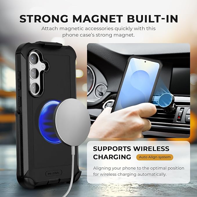 MOTIVE Designed for Samsung Galaxy s25 Case with Belt Clip, Magnetic Case Magsafe Compatible, Heavy Duty and Quad Layer Military Protection for s25 Holster, 6.2" | Black [Fits s24 Phone]
