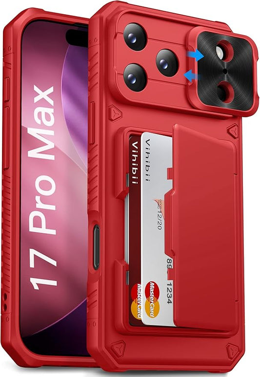 Vihibii for iPhone 17 Pro Max Wallet Case with Card Holder (4 Cards) [RFID Blocking] & Slide Lens Cover & Raised Edges Protect Screen, Shockproof Rugged Phone Cover for iPhone 17 Pro Max 5G 2025, Red