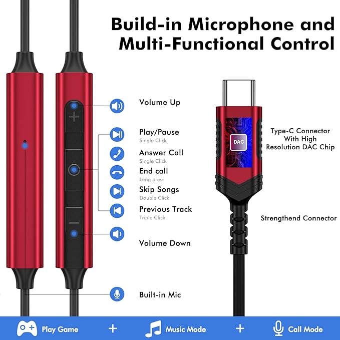 USB C Headphone Type C Earphone Magnetic Wired Earbuds for iPhone 17 Pro Max 16 16e 15 Plus for Samsung S25 S24 A53 A54 S23 FE for iPad A16 10 Pixel 8 9 Noise Canceling in-Ear Headset with Microphone