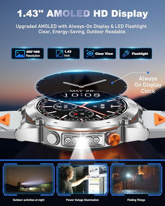 GPS Military Smart Watch for Men with Bluetooth Call, 1.43" AMOLED Waterproof Fitness Tracker with Heart Rate/Sleep Monitor/Flashlight, 170+ Sports Modes, 730mAh Battery for Android/iOS