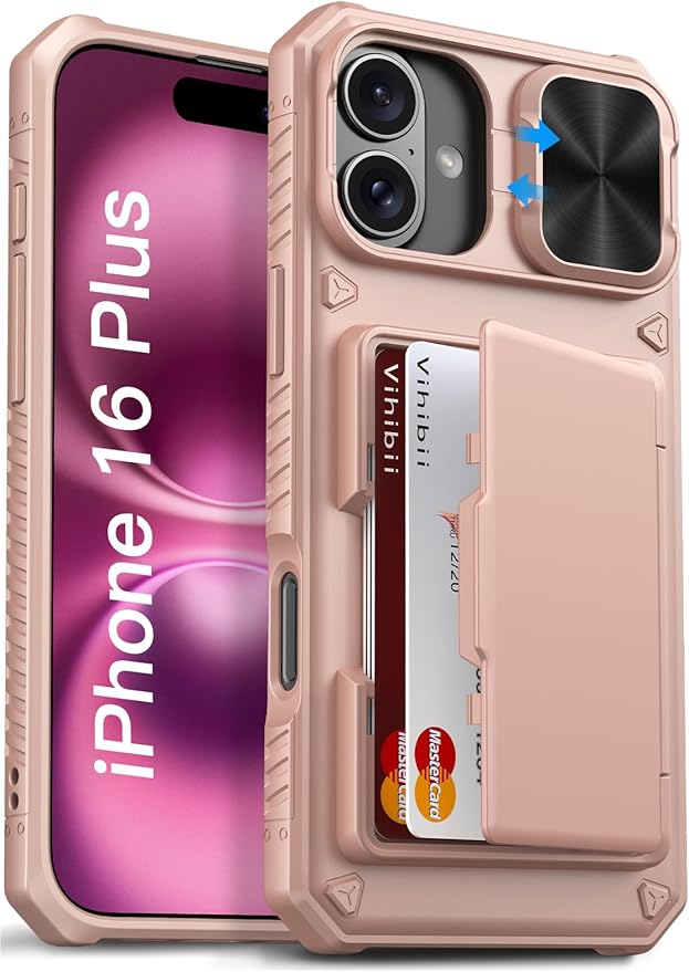 Vihibii for iPhone 16 Plus Case Wallet with Card Holder (4 Cards) [RFID Blocking] & Slide Camera Cover, Military Grade Drop Protection, Rugged Back & Silicone Edge Phone Cover, 6.7" 2024, Rose Gold