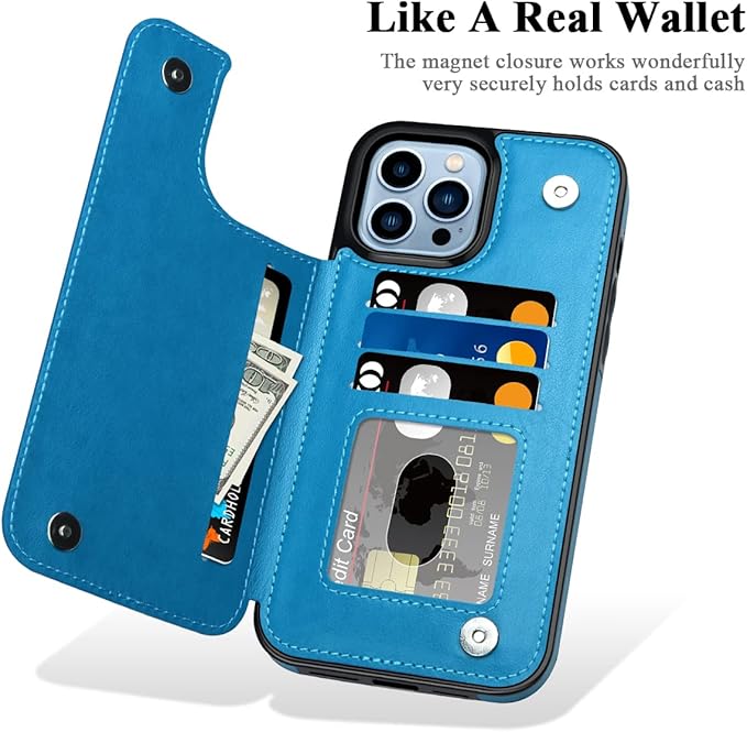 MMHUO for iPhone 14 Pro Max Case with Card Holder,Flower Magnetic Buttons Protective Wallet Case for Women for iPhone 14 Pro Max,Blue