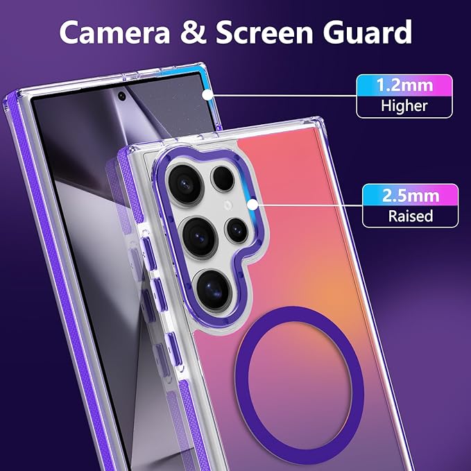 MOWIME Magnetic Case for Samsung Galaxy S24 Ultra [Compatible with Magsafe] [Cute Fashion Fluorescent Design] [1 Screen Protector] Slim Translucent Matte Case for Galaxy S24 Ultra 6.8", Purple