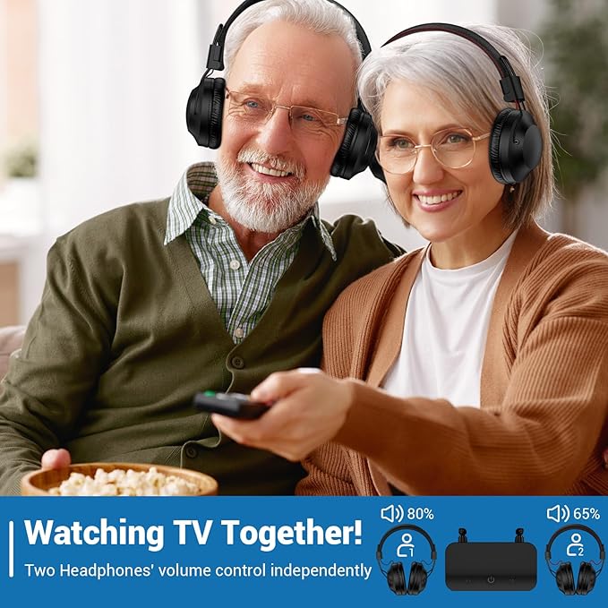 ROSIDA Dual Wireless Headphones for TV Watching with Transmitter, Headset Stand, TV Headphones for Seniors, 295FT Range with Optical, AUX, RCA,USB, High Volume Control, Long Playtime, No Delay, Black