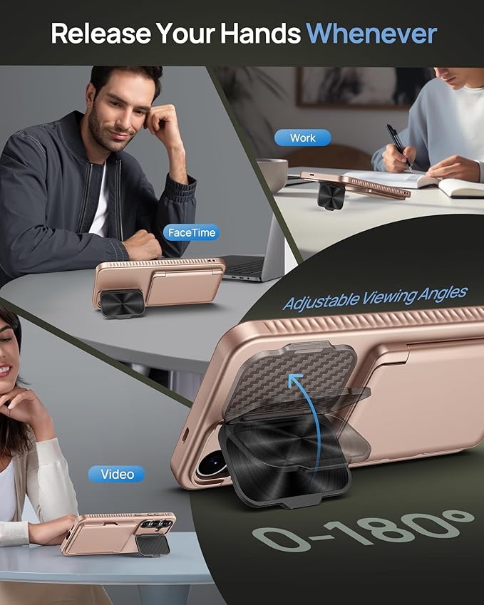 for Samsung Galaxy S25+ Plus Case with Card Holder & Camera Lens Cover Stand, Military Grade Drop Protection Shockproof Rugged Stand Wallet Protective Phone Case for S25+ Plus 2025, Rose Gold