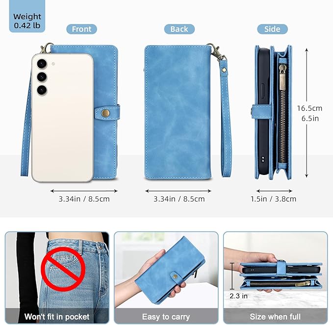 TwoHead for Samsung Galaxy S23 Plus Wallet Case with Card Holder,Detachable Magnetic Phone Case for Galaxy S23 Plus,PU Leather All-Round Protective Phone Cover Wallet with Strap(6.6 in,Sky Blue)