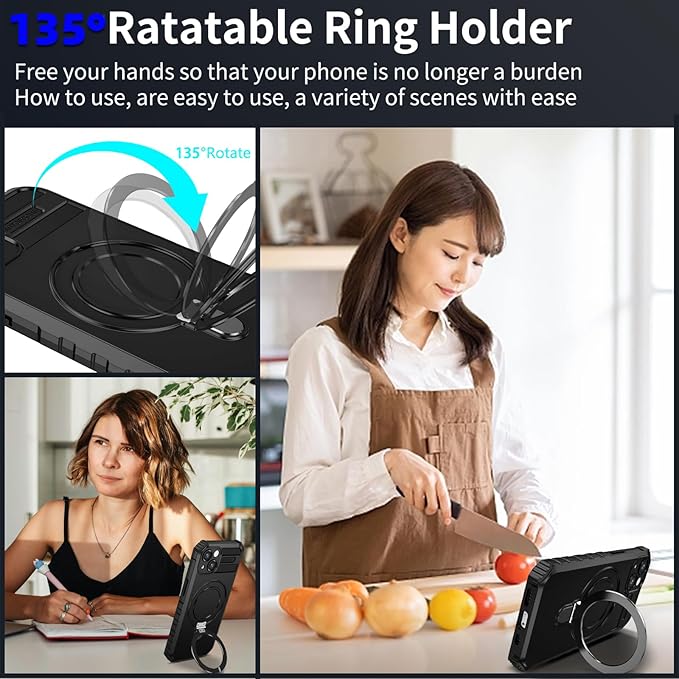 for iPhone 15 Case Magnetic Compatible with MagSafe Wireless Charging,with 2 Screen Protectors,Built-in Kickstand Ring,Shockproof Shock-Absorbent Scratch Resistant Heavy Duty Protection Black