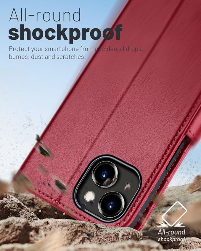 OCASE Compatible with iPhone 15 Wallet Case, PU Leather Flip Folio Case with Card Holders RFID Blocking Kickstand [Shockproof TPU Inner Shell] Phone Cover 6.1 Inch 2023, Red