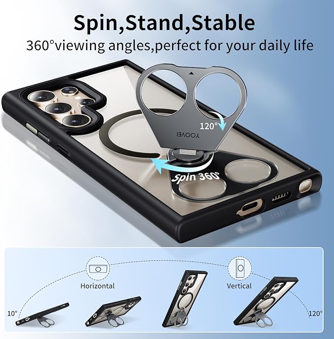 for Samsung Galaxy S24 Ultra Case Clear with Ring Holder,Kickstand 360°Rotatable Invisible Magnetic Built-in Stand [Compatible with MagSafe] [Drop Protection] Slim Soft Edge Cover,Black