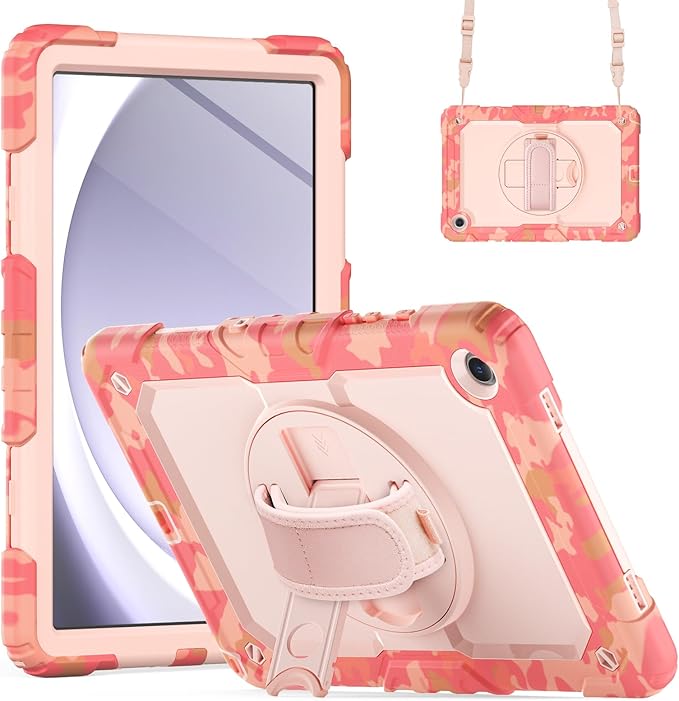 Case for Samsung Galaxy Tab A9+/ A9 Plus Case 11" 2023, Heavy Duty Shockproof Protective Case with Screen Protector, Hand Strap, Shoulder Strap, 360° Rotating Stand Camo Pink