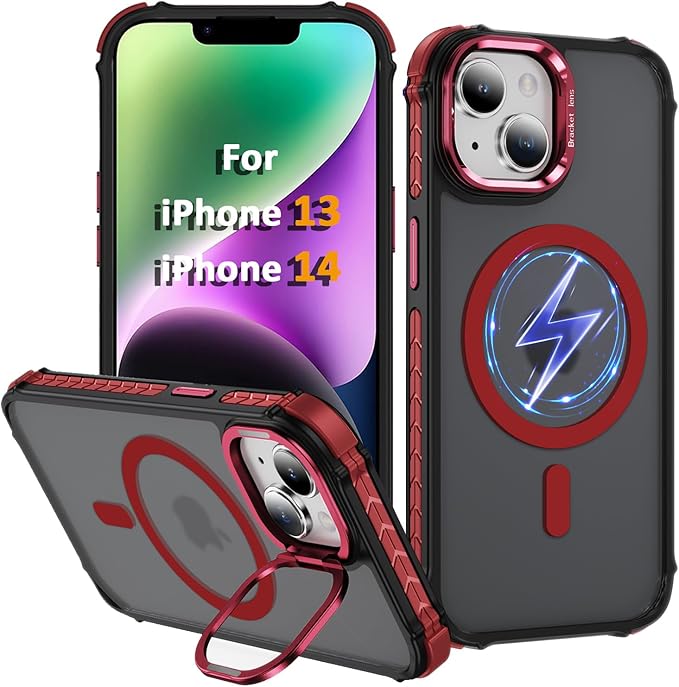 Magnetic for iPhone 14 Case/iPhone 13 Case Red with MagSafe Wireless Charging Military-Grade Shockproof Protection Adjustable Kickstand Slim Matte Anti-Fingerprint Cover Men Women