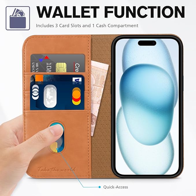 TUCCH Wallet Case for iPhone 15 5G, [RFID Blocking] 3 Credit Card Holder Case Wallet, Kickstand PU Leather Folio Flip Cover [TPU Interior Protective Case] Compatible with iPhone 15 6.1",Light Brown