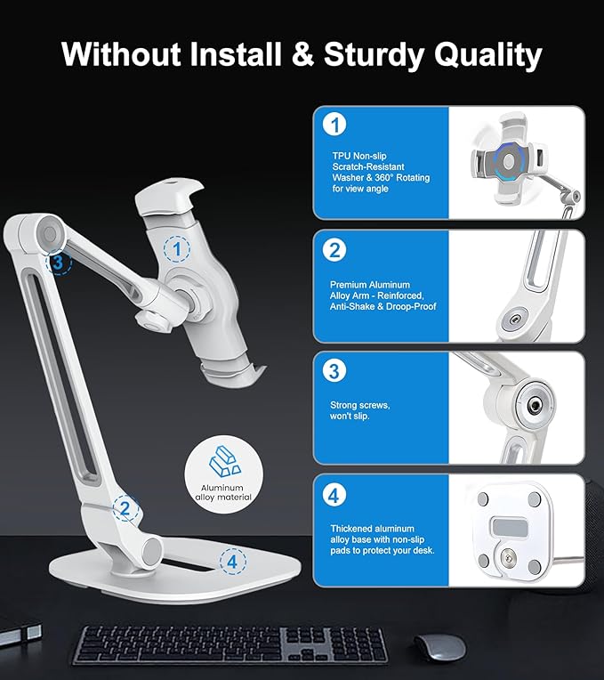 Adjustable Desk Tablet Stand, 360° Swivel iPad Kiosk Stand Fits for 4.7"-12" iPad Air mini Pro, iPhone, Samsung POS, Kindle, Aluminu Alloy Foldable Arm Holder for Store Kitchen Desktop, White