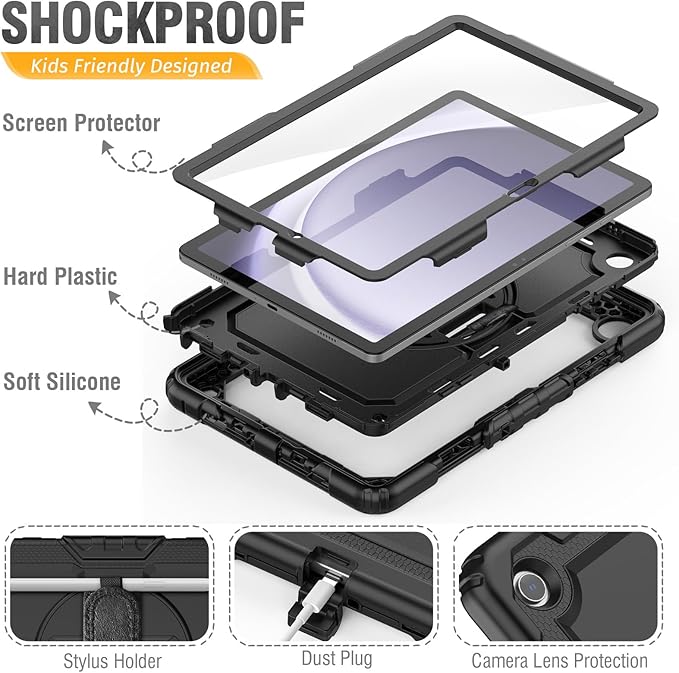 HXCASEAC Case for Samsung Galaxy Tab A9+ Plus 11 Inch, Protective with Screen Protector/Hand Strap/Pen Holder, Sturdy Shockproof for Samsung A9 Plus Tablet Case SM-X210 SM-X216 SM-X218 - Black