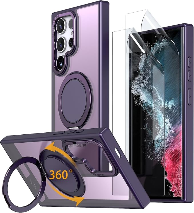 Magnetic Stand Case for Samsung Galaxy S22 Ultra/S23 Ultra [with 2 Screen Protectors] [360° Rotation Magnetic Stand] [Compatible with Magsafe] Military-Grade Drop Protection Case, Purple