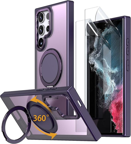 Magnetic Stand Case for Samsung Galaxy S22 Ultra/S23 Ultra [with 2 Screen Protectors] [360° Rotation Magnetic Stand] [Compatible with Magsafe] Military-Grade Drop Protection Case, Purple