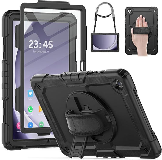 HXCASEAC Case for Samsung Galaxy Tab A9+ Plus 11 Inch, Protective with Screen Protector/Hand Strap/Pen Holder, Sturdy Shockproof for Samsung A9 Plus Tablet Case SM-X210 SM-X216 SM-X218 - Black