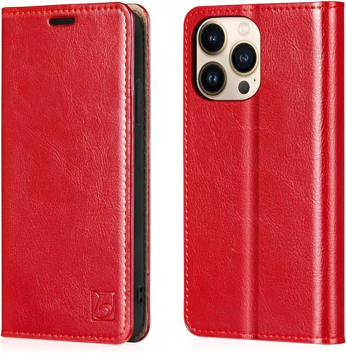 Belemay Compatible with iPhone 14 Pro Wallet Case-Genuine Leather Flip Phone Case-RFID Blocking Card Holders-Shockproof TPU Shell Folio Book Cover Women Men Compatible with iPhone 14 Pro (6.1") Red