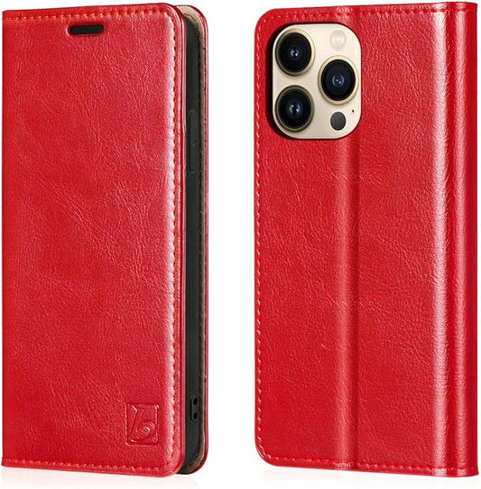 Belemay Compatible with iPhone 14 Pro Wallet Case-Genuine Leather Flip Phone Case-RFID Blocking Card Holders-Shockproof TPU Shell Folio Book Cover Women Men Compatible with iPhone 14 Pro (6.1") Red