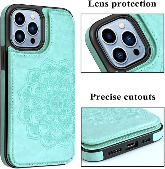 MMHUO for iPhone 14 Pro Max Case with Card Holder,Flower Magnetic Buttons Protective Wallet Case for Women for iPhone 14 Pro Max,Mint