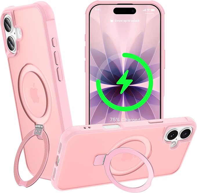 Magnetic Compatible with iPhone 17 Case with Stand [Military Grade Drop Tested][Compatible with Magnet] Ring Translucent Slim Hard Back Soft Edge, Pink