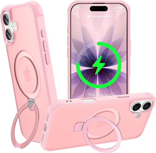 Magnetic Compatible with iPhone 17 Case with Stand [Military Grade Drop Tested][Compatible with Magnet] Ring Translucent Slim Hard Back Soft Edge, Pink